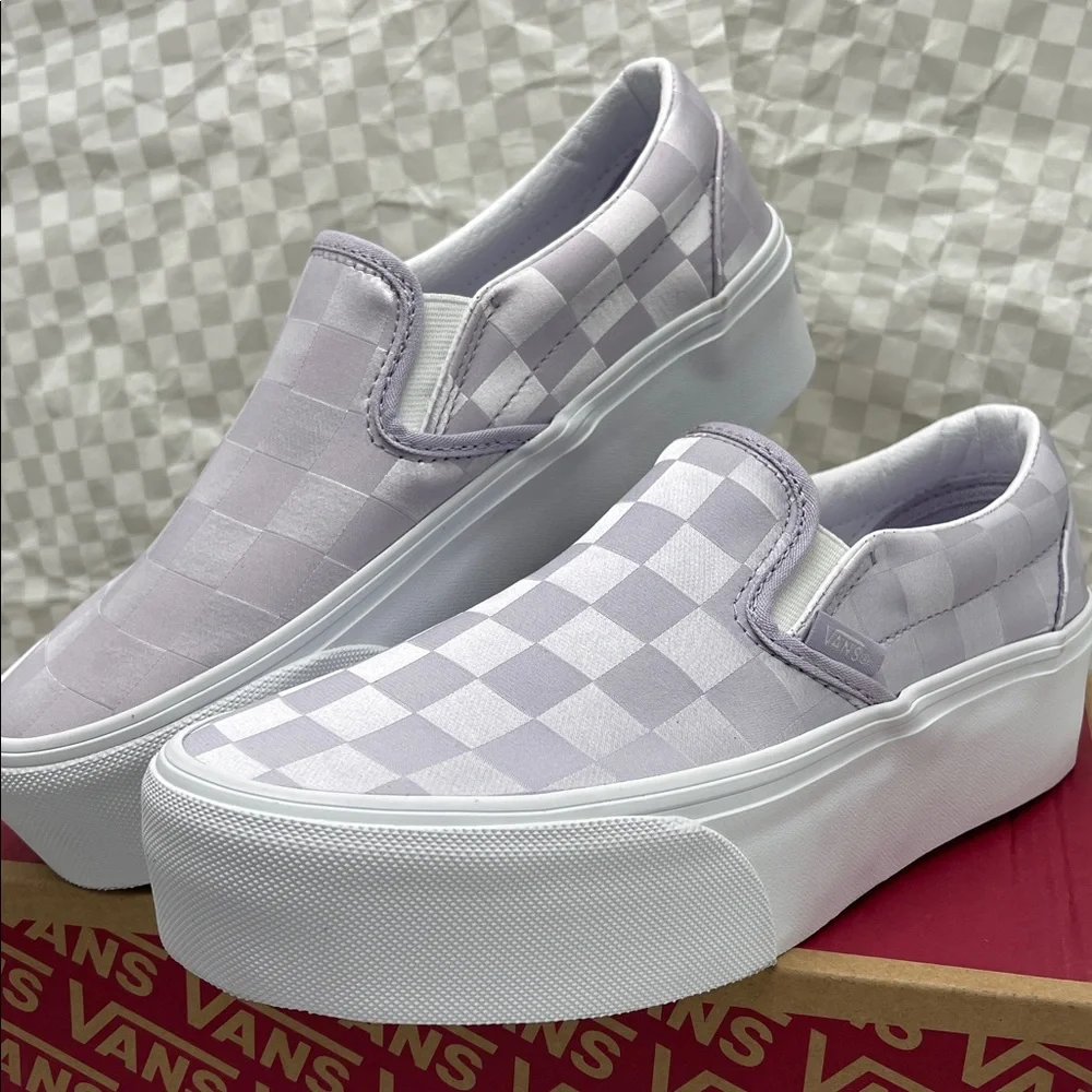 Vans Platform Sneakers Classic Slip-On Stackform Satin Checkerboard Lilac